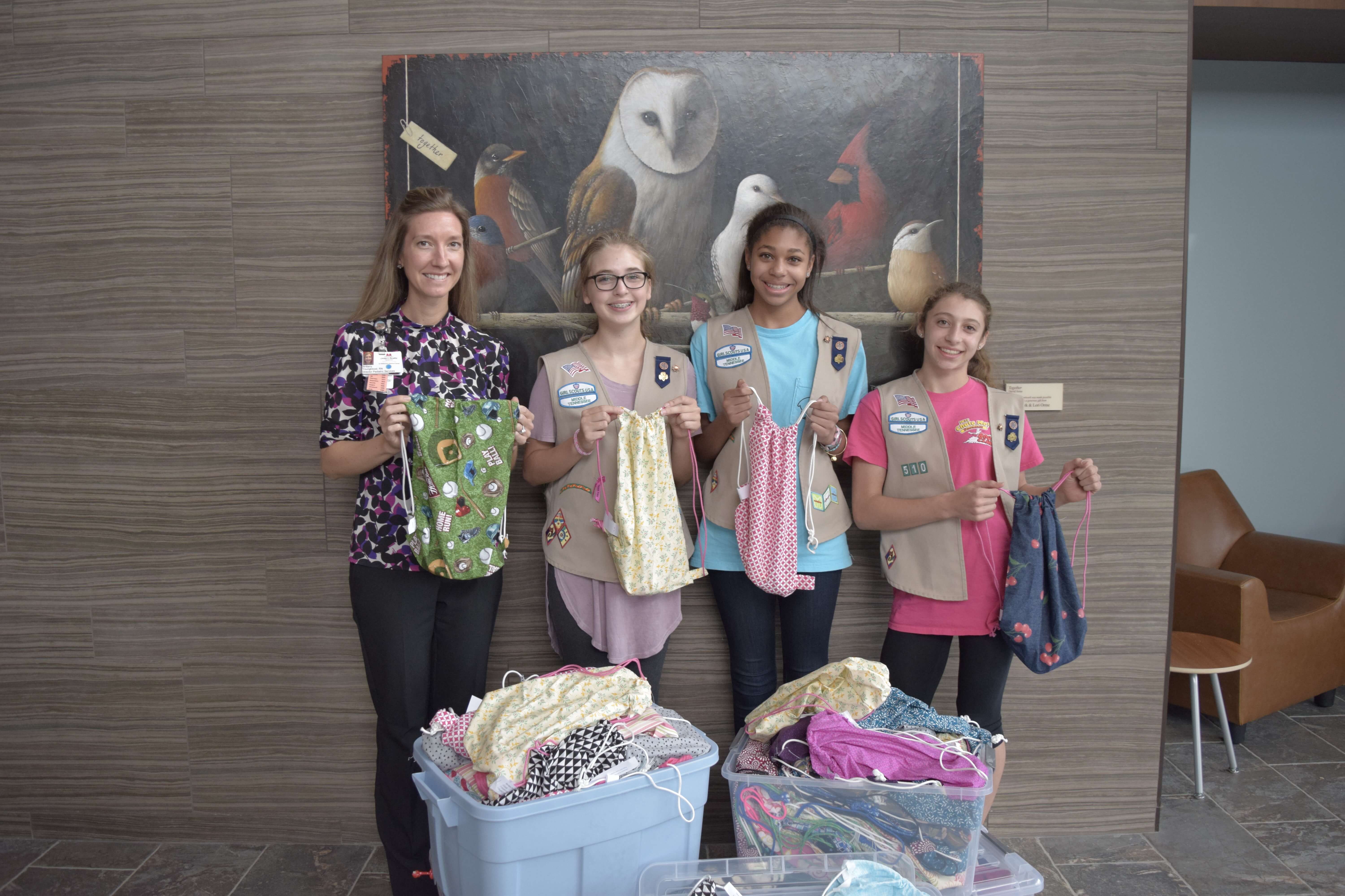 Brittany Youngblood MSN, RN, CEN, CPN, EMT-IV girl scouts scouting bags handmade children's hospital monroe carell jr vanderbilt williamson medical center charity donation donate 50 hours hand sewn